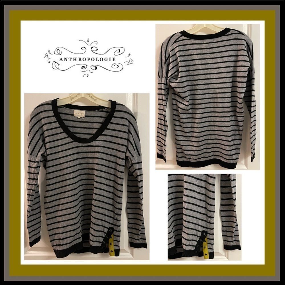Anthropologie Shae Grey/Black Striped Snap Detail Cashmere Blend Sweater Size S